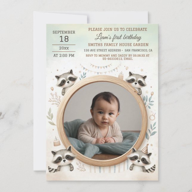 Birthday Invitation with Raccoon Frame for Photo (Front)