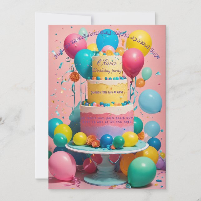 Birthday Invitations: Cake and Balloon Designs Invitation (Front)
