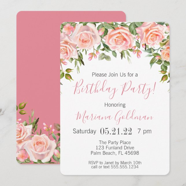 Birthday Invitations Pink Floral Modern Party (Front/Back)