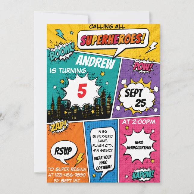 Birthday Invitations – Superhero Comic Style (Front)