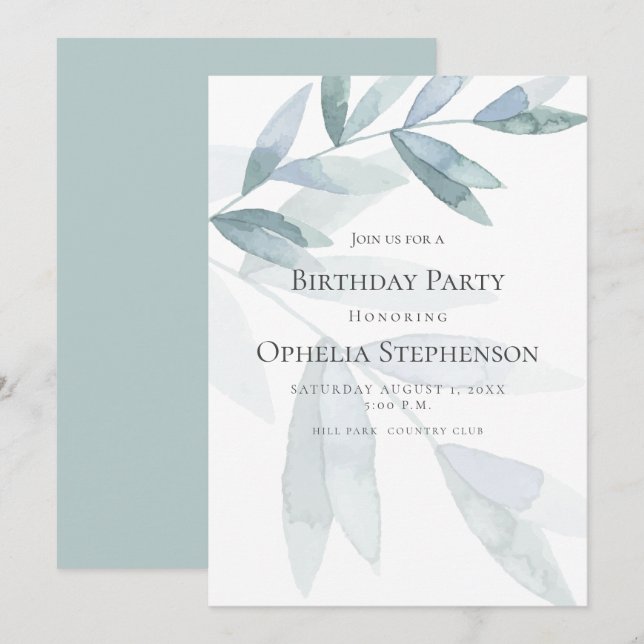 BIRTHDAY INVITE | Dusty Blue Watercolor Eucalyptus (Front/Back)