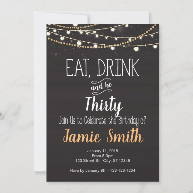 Birthday Invite - Eat, Drink and be Forty, Thirty (Front)