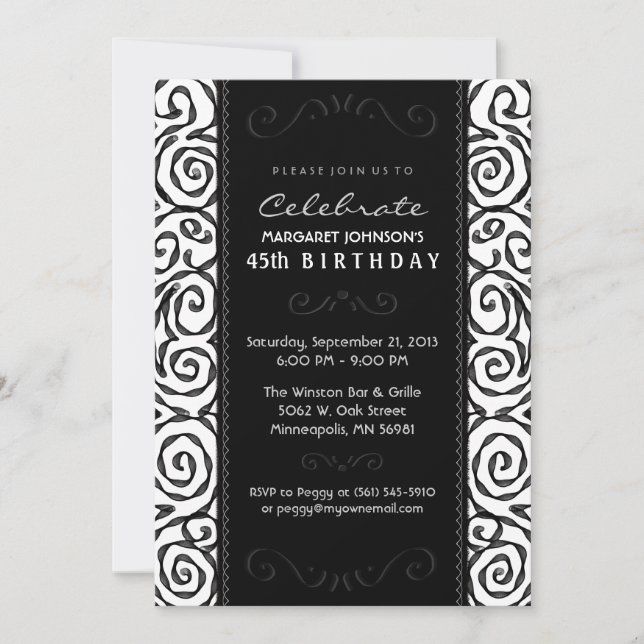 Birthday Invite - Elegant Black & White Swirl (Front)