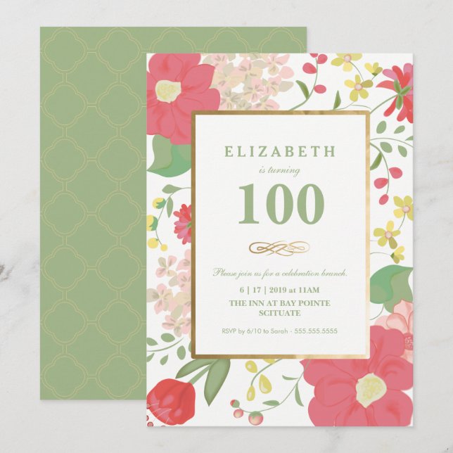 Birthday Invite, Milestone - Gold, Elegant Floral Invitation (Front/Back)