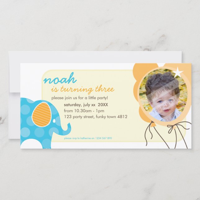 BIRTHDAY INVITE PHOTOCARD :: elephant + balloons 1 (Front)