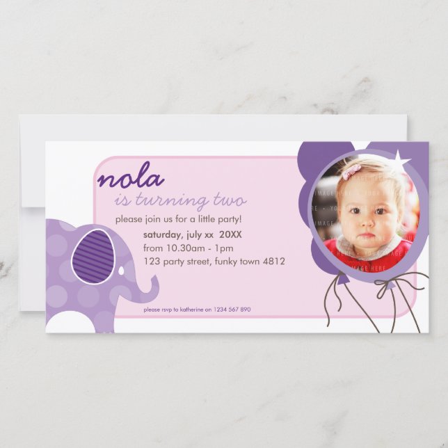 BIRTHDAY INVITE PHOTOCARD :: elephant + balloons 5 (Front)