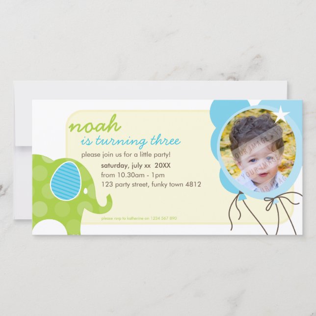 BIRTHDAY INVITE PHOTOCARD :: elephant + balloons 6 (Front)