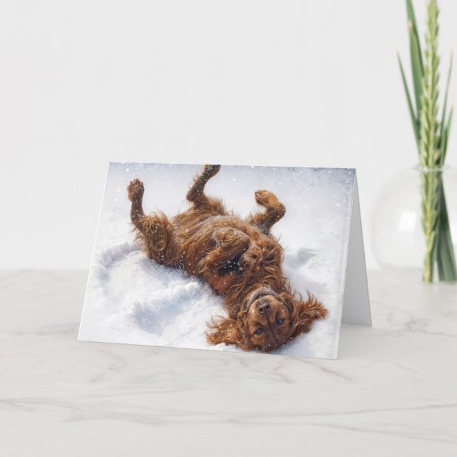 Birthday Irish Setter Making a Snow Angel Holiday Card (Front)