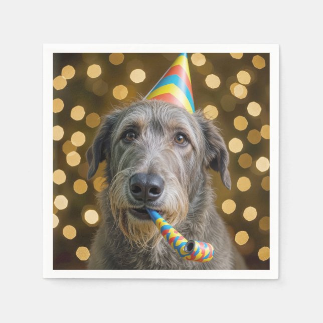 Birthday Irish Wolfhound Dog With Party Hat Napkins (Front)