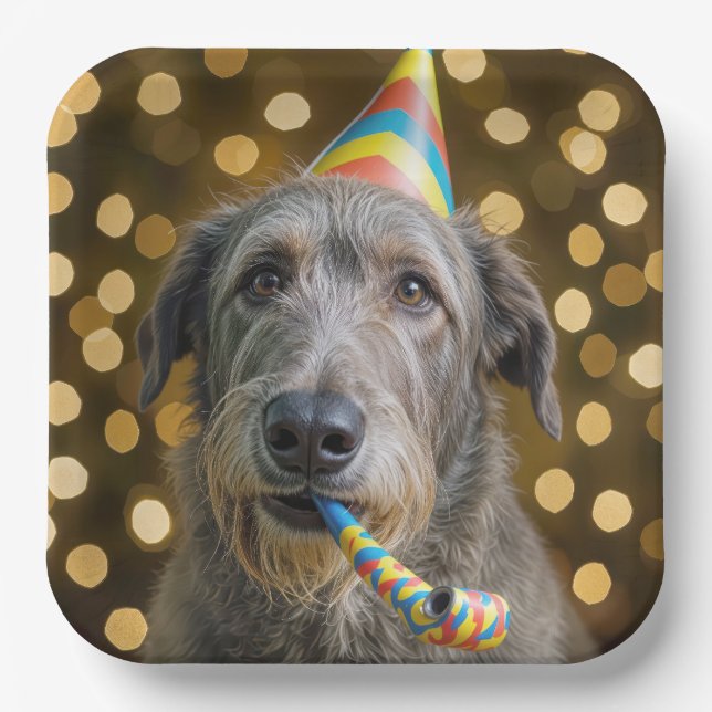 Birthday Irish Wolfhound Dog With Party Hat Paper Plates (Front)