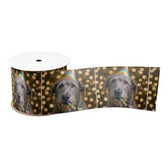 Birthday Irish Wolfhound Dog With Party Hat Satin Ribbon (Spool)