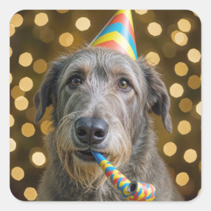 Birthday Irish Wolfhound Dog With Party Hat Square Sticker