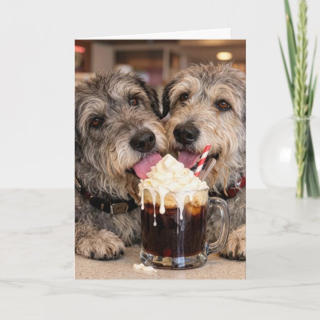 Birthday Irish Wolfhounds Licking Root Beer Float Card (Front)