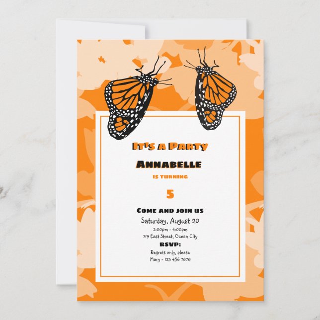 Birthday It's A Party Orange Monarch Butterfly Invitation (Front)