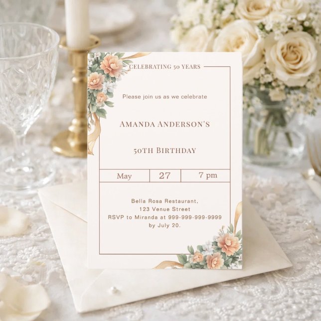 Birthday ivory peach florals ribbon invitation (Creator Uploaded)