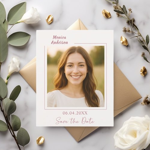 Birthday ivory rose gold photo Save the Date card