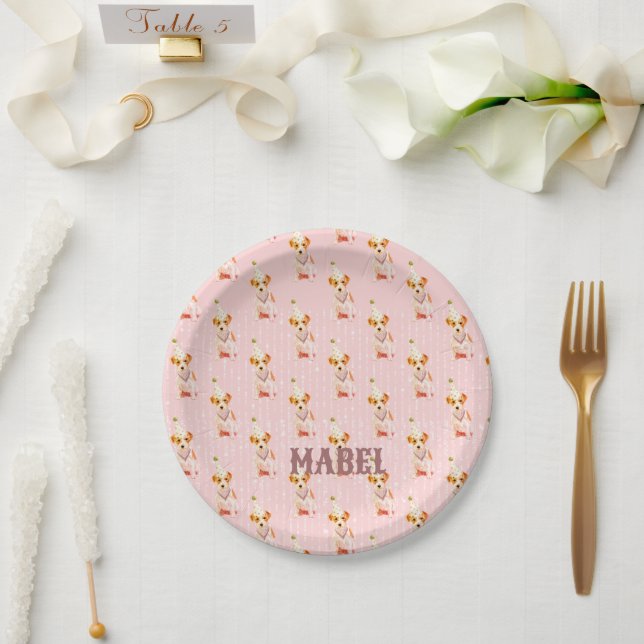 Birthday Jack Russell Dog Party Hat Pink Personal Paper Plates (Wedding)