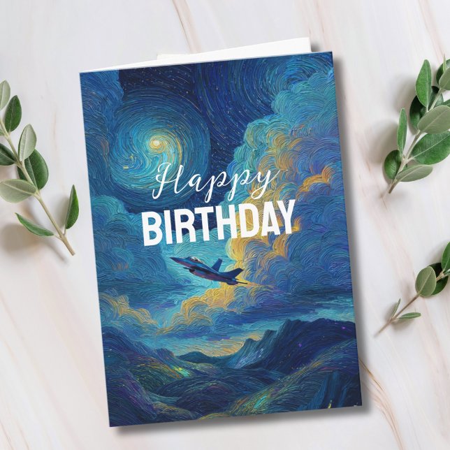 Birthday Jet Fighter Airplane Clouds Van Gogh  Card (Creator Uploaded)