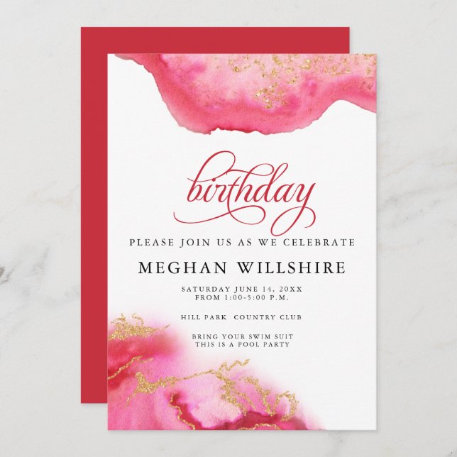 Birthday July Ruby Watercolor Geode Invitation (Front/Back)