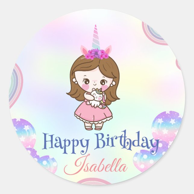 Birthday kawaii rainbow unicorn Party for Girls Classic Round Sticker (Front)