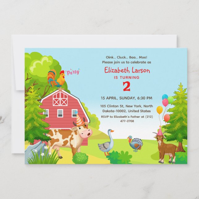 Birthday Kids Farm Animal Theme Party Invitation (Front)