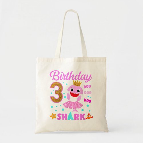 Birthday Kids Kids Shark  3rd Girl Three 3 Year Ol Tote Bag