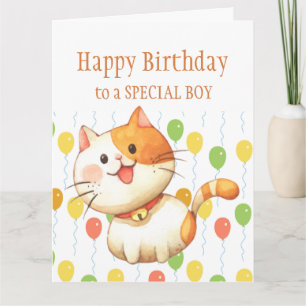 BIRTHDAY KIDS Orange Cat Kitten Colorful Balloons Card