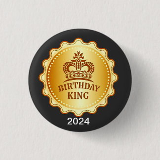Birthday King 2024 Gold Crown Token Bday Party Button