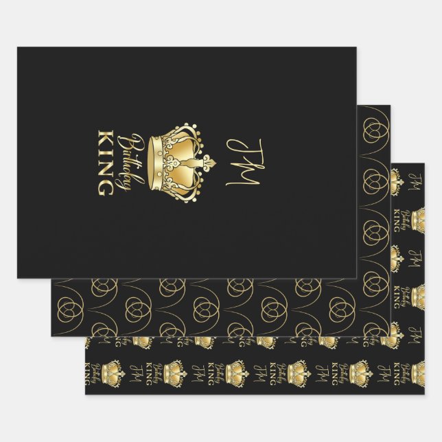Birthday King Gold Crown Queen Luxury Monogram Wrapping Paper Sheets (Set)