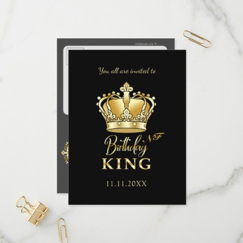 Birthday King Gold Crown Royal Monogram Luxury Invitation Postcard