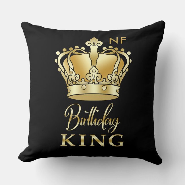 Birthday King Gold Crown Royal Monogram Luxury Throw Pillow (Front)