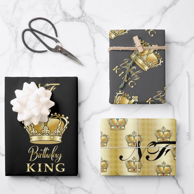 Birthday King Gold Crown Royal Monogram Luxury Wrapping Paper Sheets (Front)