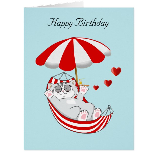 Birthday Kitten in Hammock on Light Blue Cards (Front)