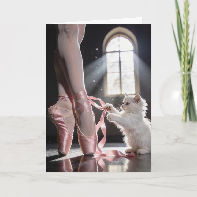 Birthday Kitten Untying a Ballerina Slipper Card (Front)