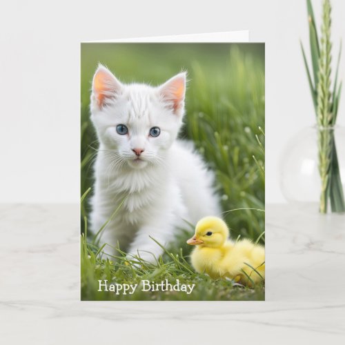 Birthday Kitten With Duckling Card