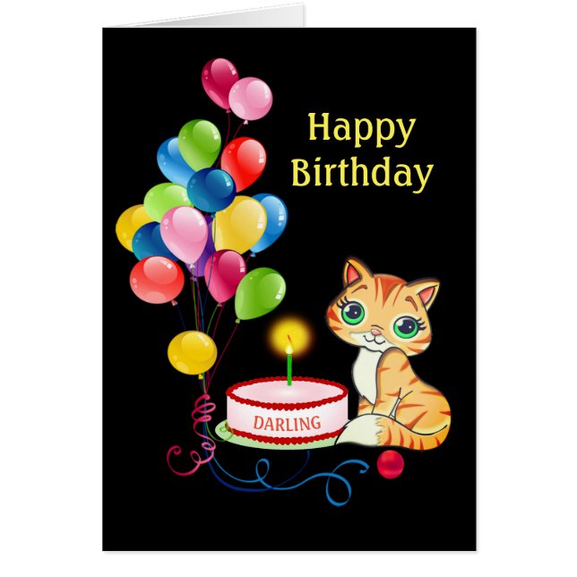 Birthday kitty cat & multicolored balloons on Card (Front)