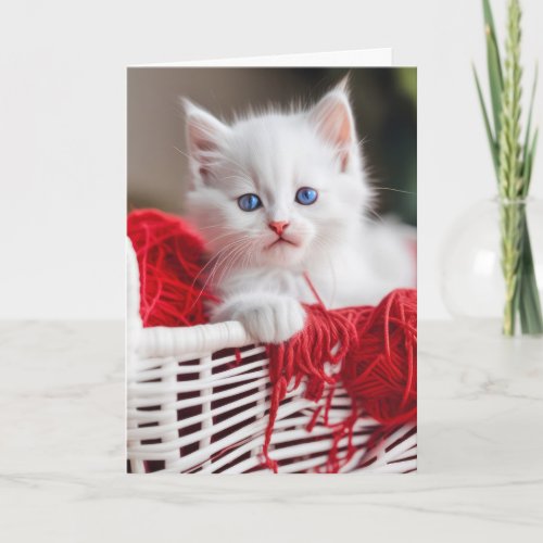 Birthday Kitty With Tangled Red Yarn Card