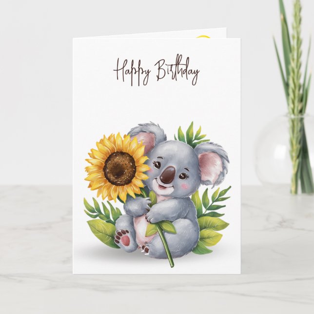 Birthday Koloa Bear Holding a Sunflower Card (Front)