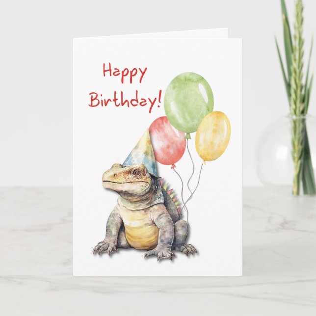 Birthday Komodo Dragon Lizard Party Hat Balloons Card (Front)