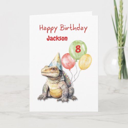 Birthday Komodo Dragon Lizard Party Hat Balloons Card