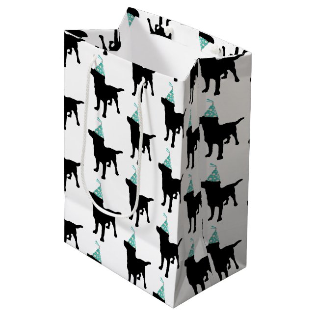 Birthday Labrador Black Dog In Party Hat Medium Gift Bag (Front Angled)