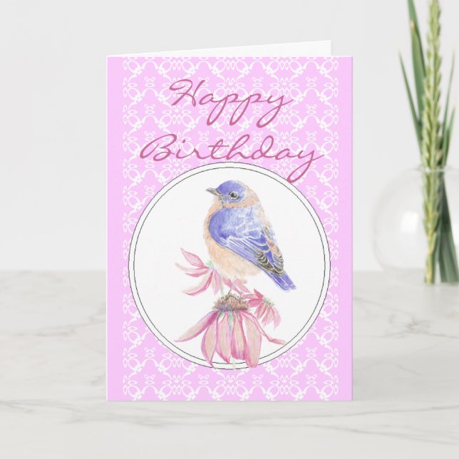 Birthday Lace & Pink, Bluebird Flower Scripture Card (Front)