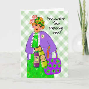 Birthday Lady dressed like the Queen brings Wine Card