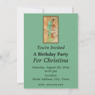 Birthday Lady Green Hooded Gown in Golden Tree Invitation