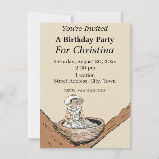 Birthday Lady in White Sitting in Bird Nest Tree Invitation