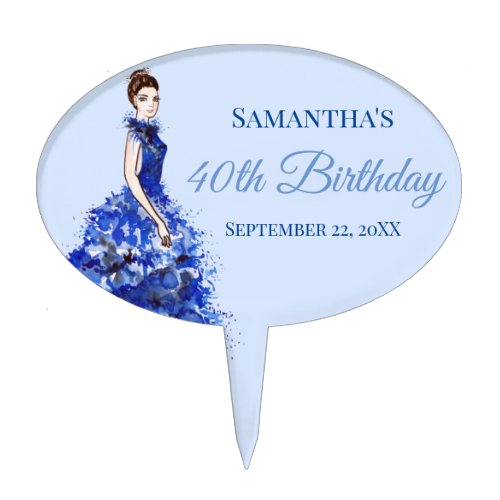 Birthday Lady with Sparkly Blue Gown Fashion Cake Cake Topper