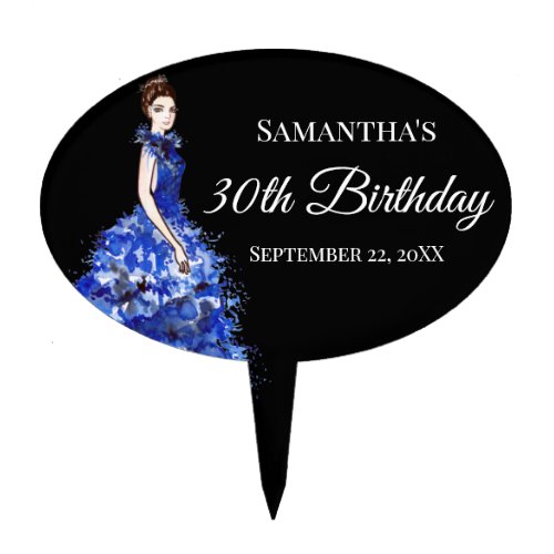Birthday Lady with Sparkly Blue Gown Fashion Cake Topper