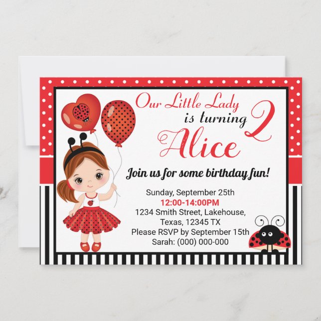 Birthday Ladybug Invitation with Cute Little Girl (Front)