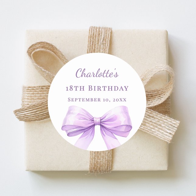 Birthday lavender bow classic round sticker (Creator Uploaded)