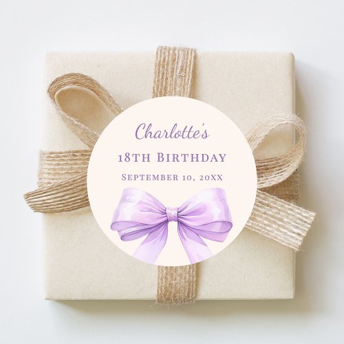 Birthday lavender bow ivory classic round sticker